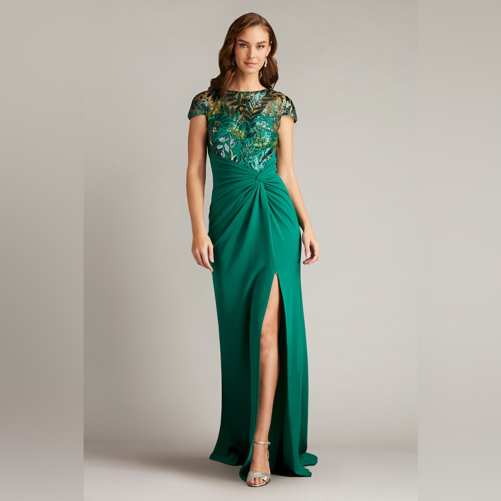 Tadashi Shoji Emerald Green Embroidered Bodice Maxi Dress